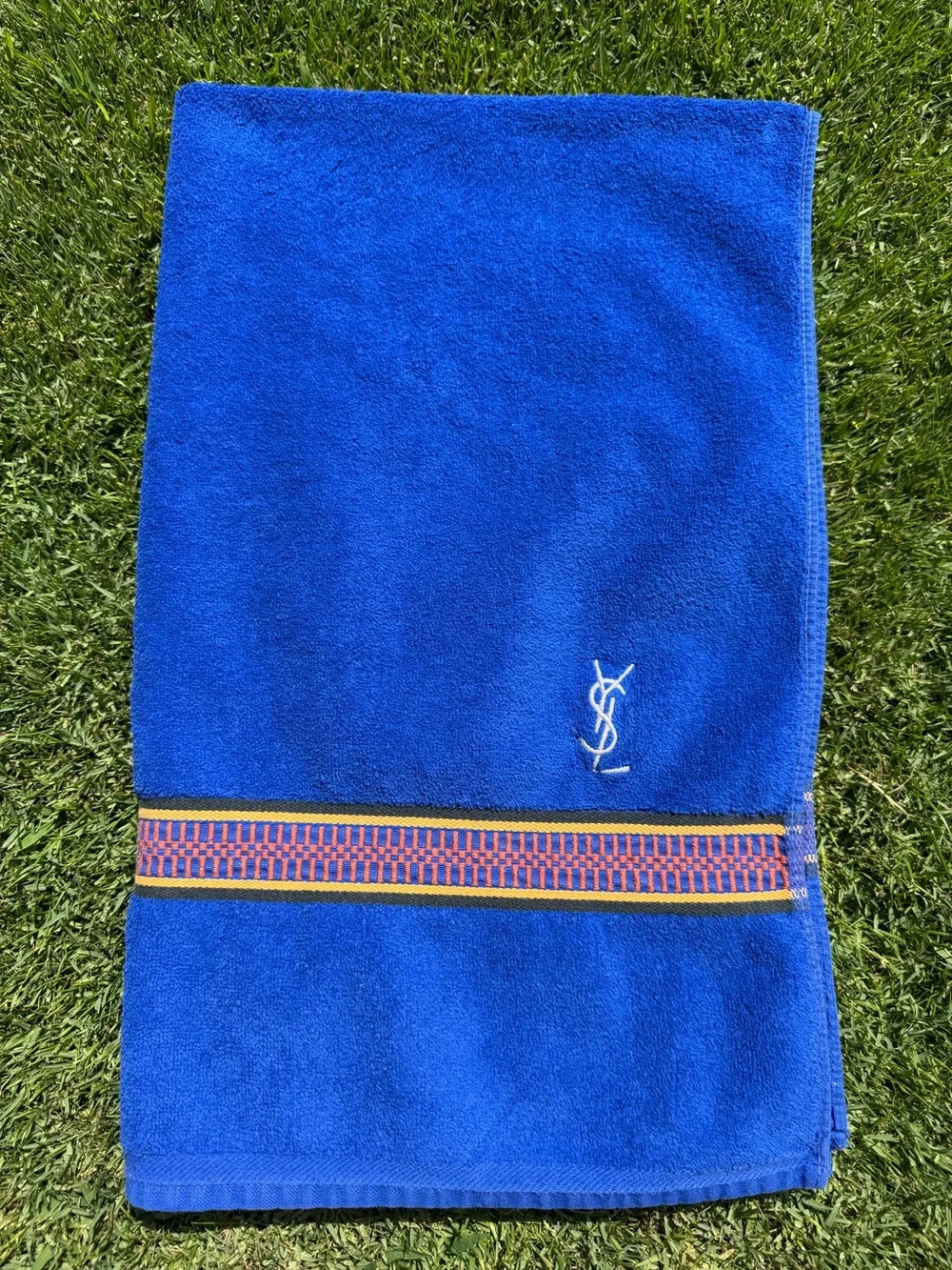 VTG Yves Saint Laurent YSL Bath Towel Bright Blue Embroidered Edge 25x41 France